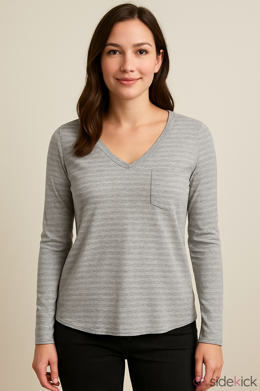 Eddie Bauer V- Scoop Neck Long Sleeve Top Grey Metallic Stripes Small